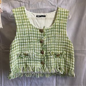 ZARA Green Tweed Top
